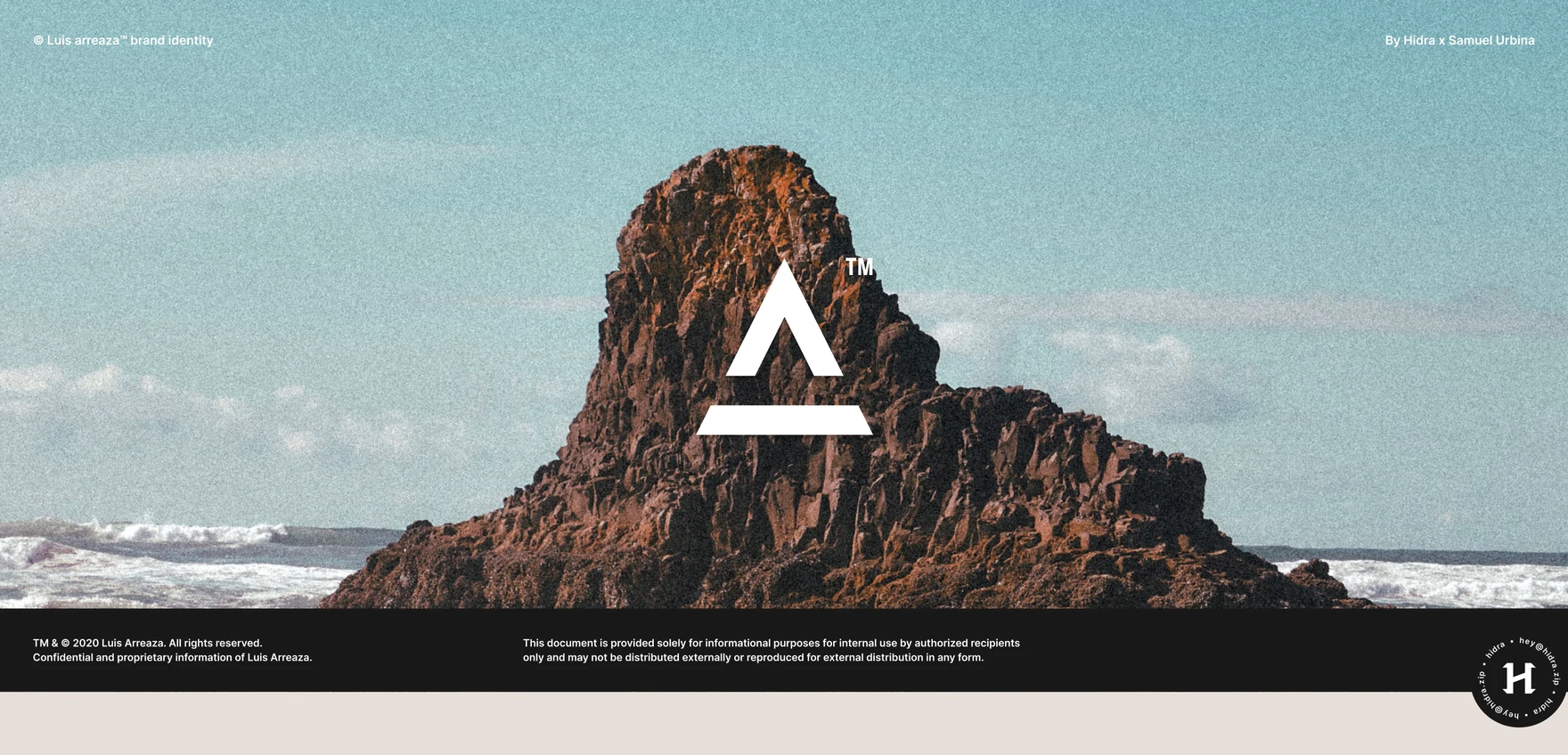 Luis Arreaza brand identity cover: the white triangle symbol over a sea rock