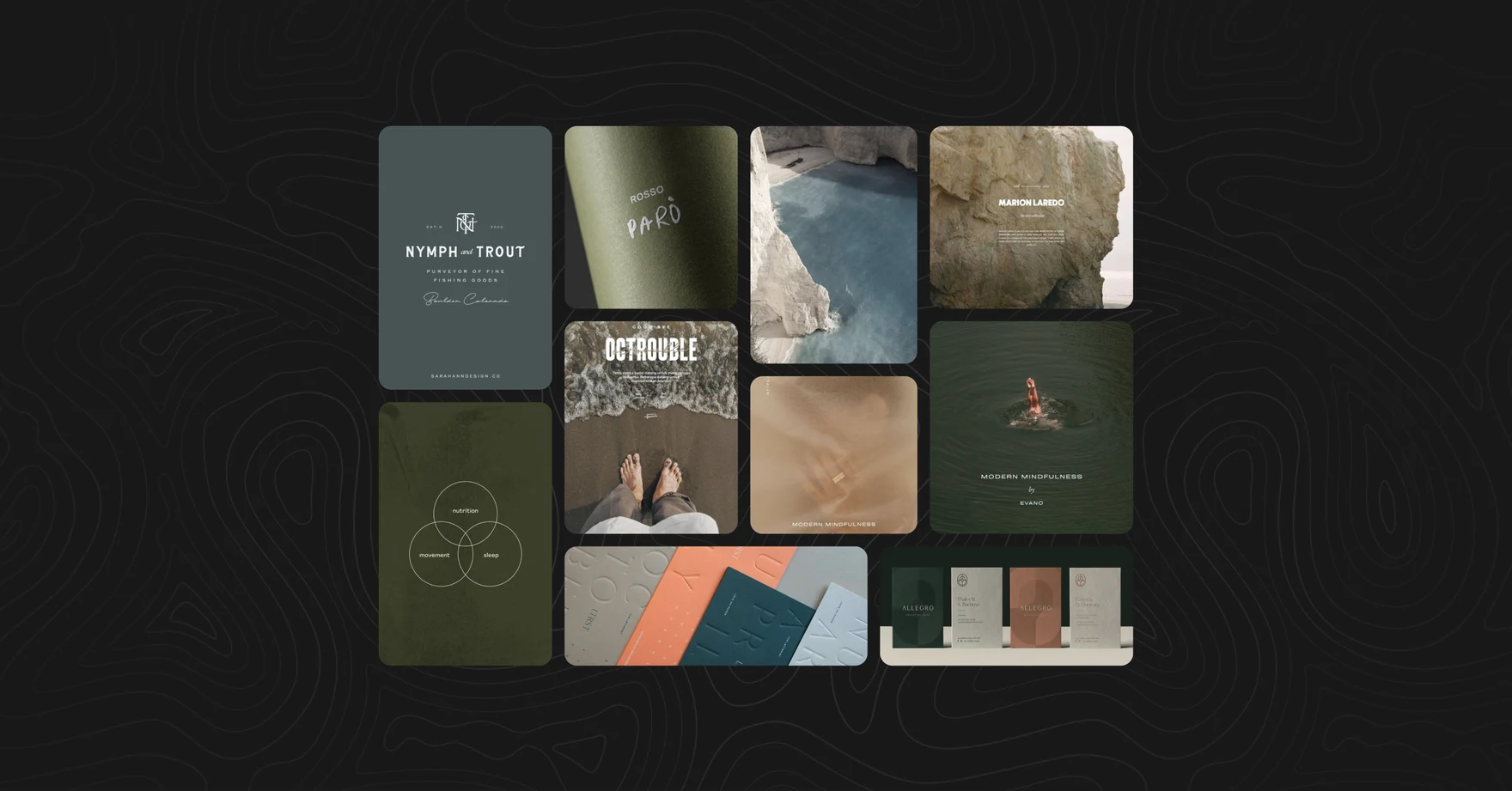 Moodboard of earthy textures, rocks and green and terracotta tones