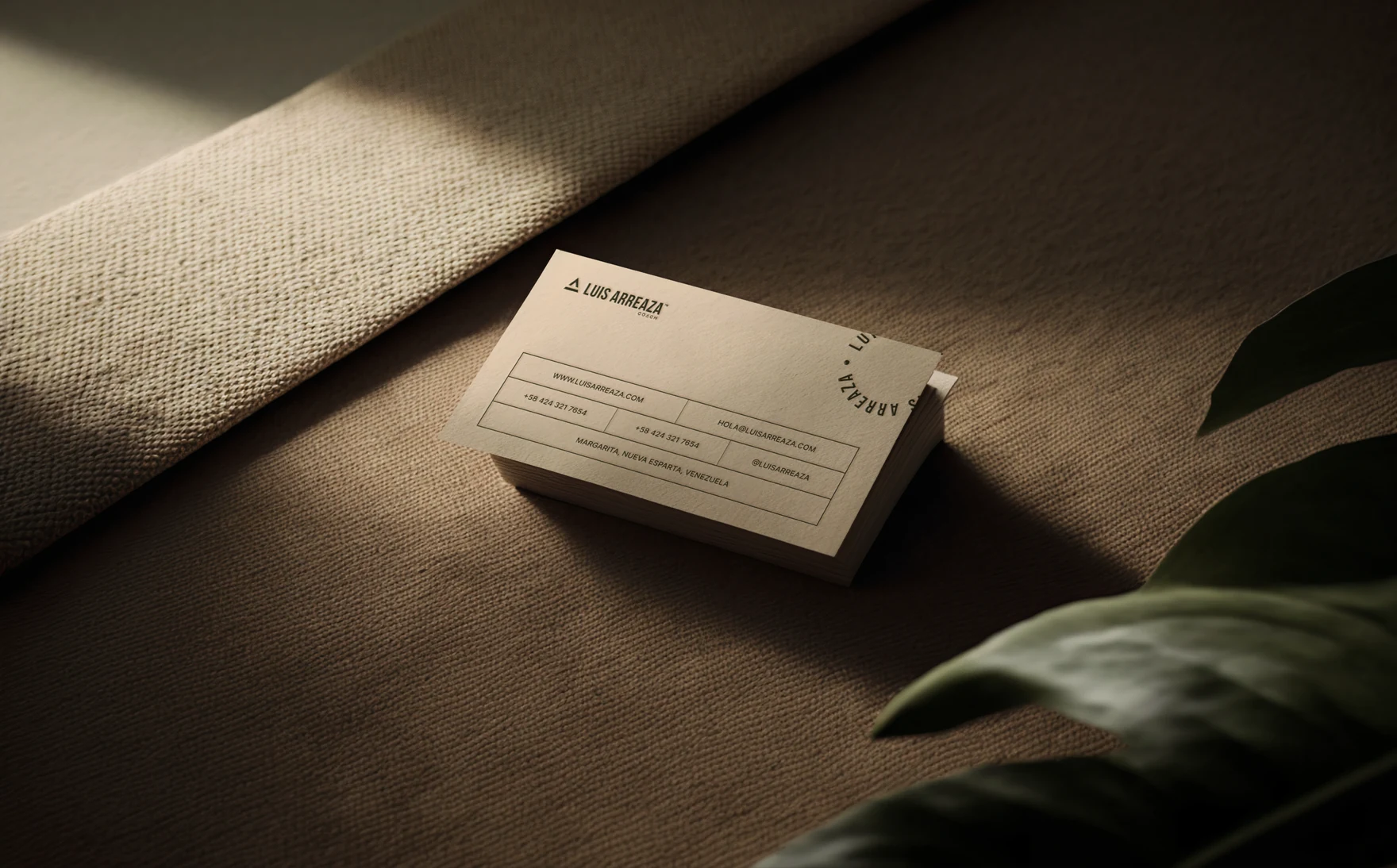 Luis Arreaza business cards on a linen surface
