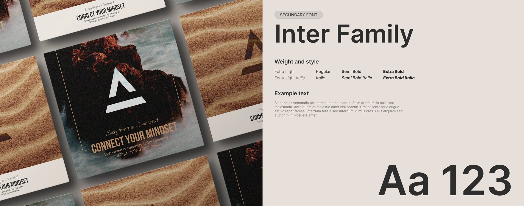 Inter specimen next to brand posters on sand