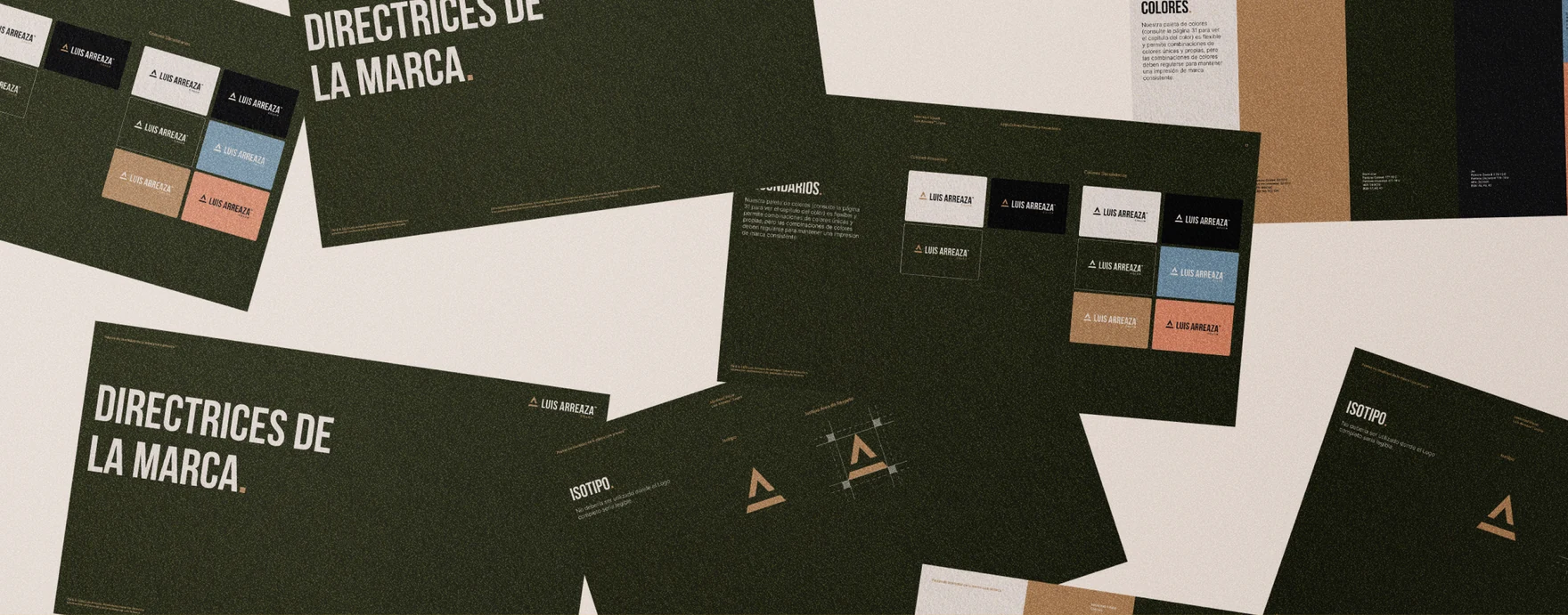 Pages of the brand guidelines spread on a table