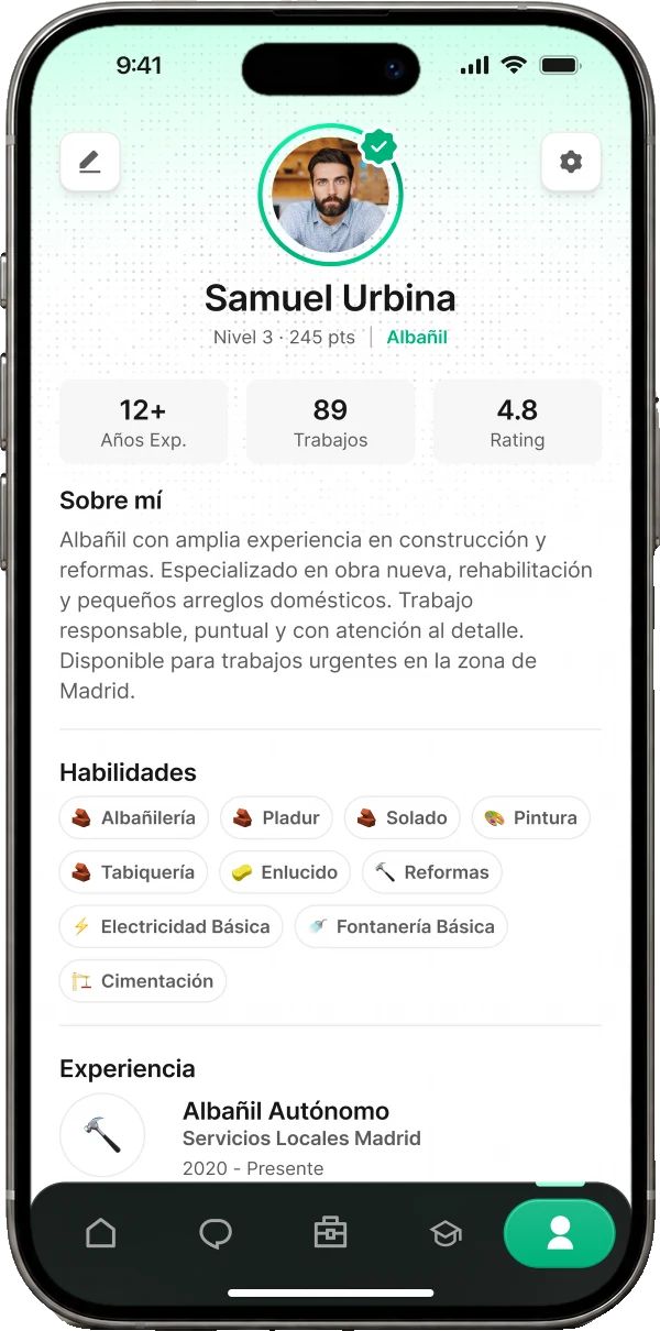Worker profile with ratings and skills