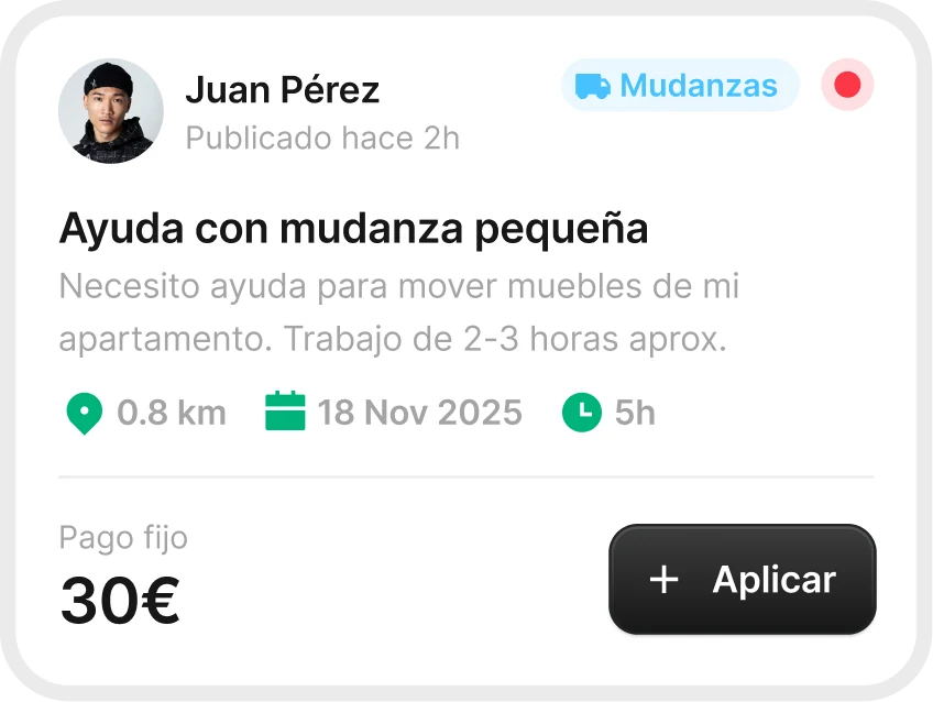 Job card component: who posts it, category, urgency, pay and the apply button