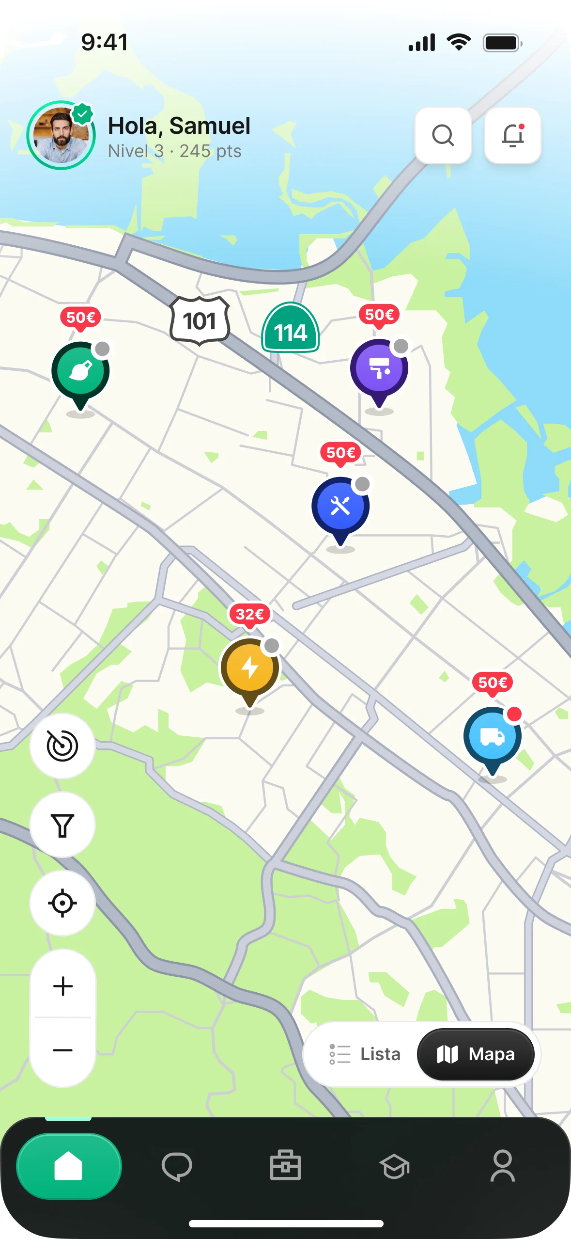 The map in the Microjob worker app: nearby jobs with their pay and urgency