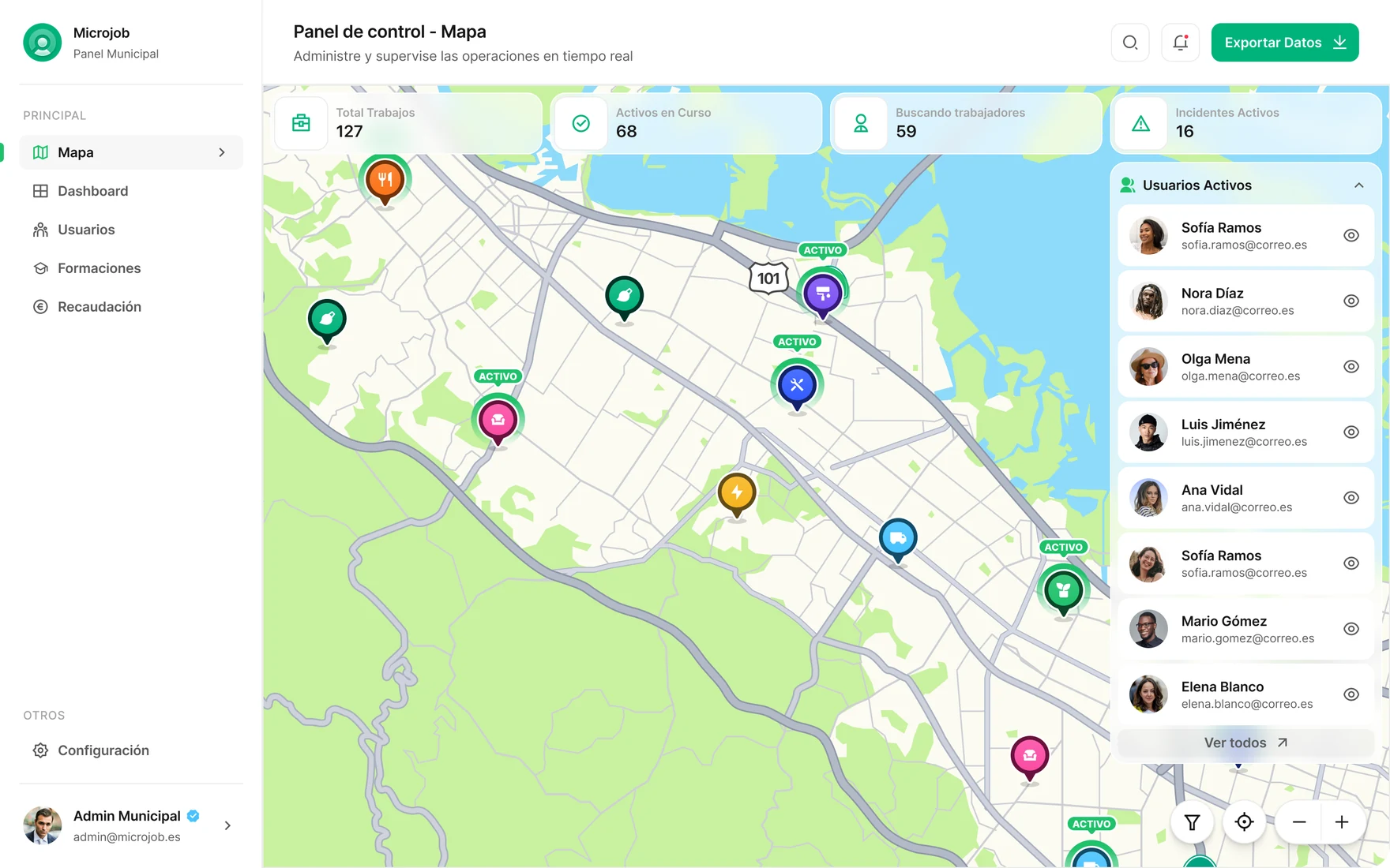 The same map in the Microjob municipal dashboard: activity by area, job totals and active users