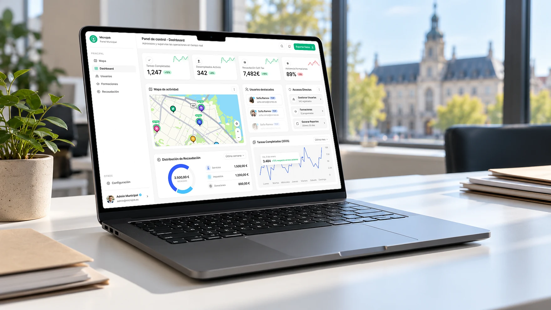 Microjob dashboard on a MacBook in a council office