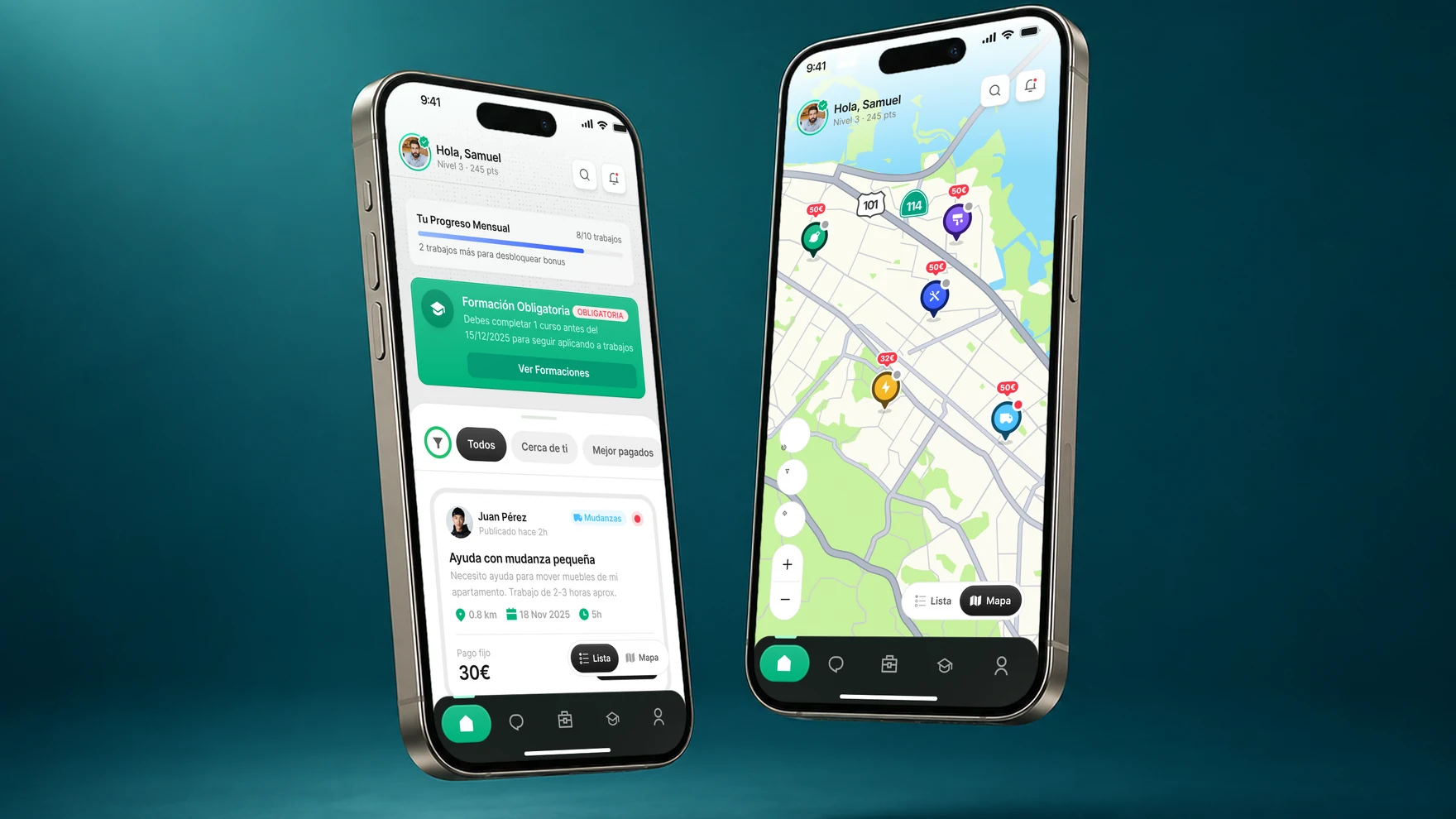 Two iPhones floating on petrol blue with the Microjob app: the home screen and the map of nearby jobs