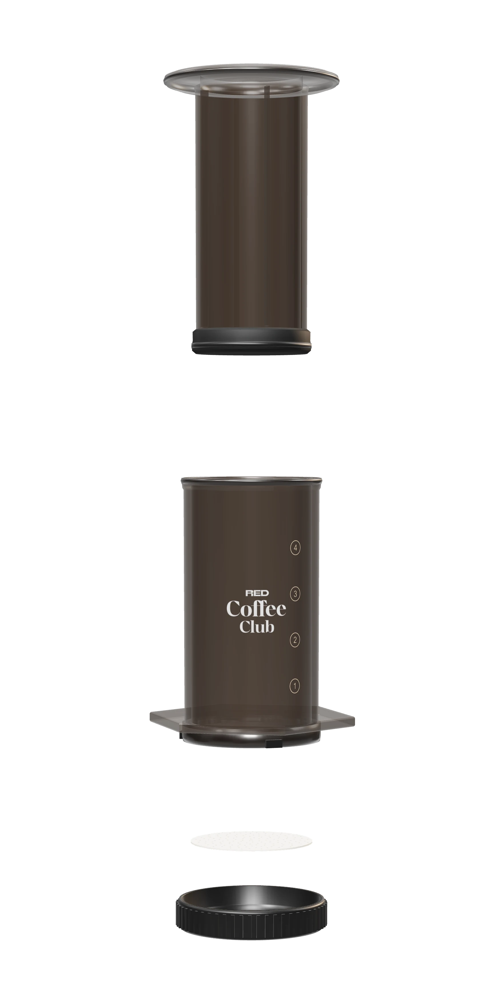 The AeroPress taken apart: plunger, chamber, paper microfilter and filter cap