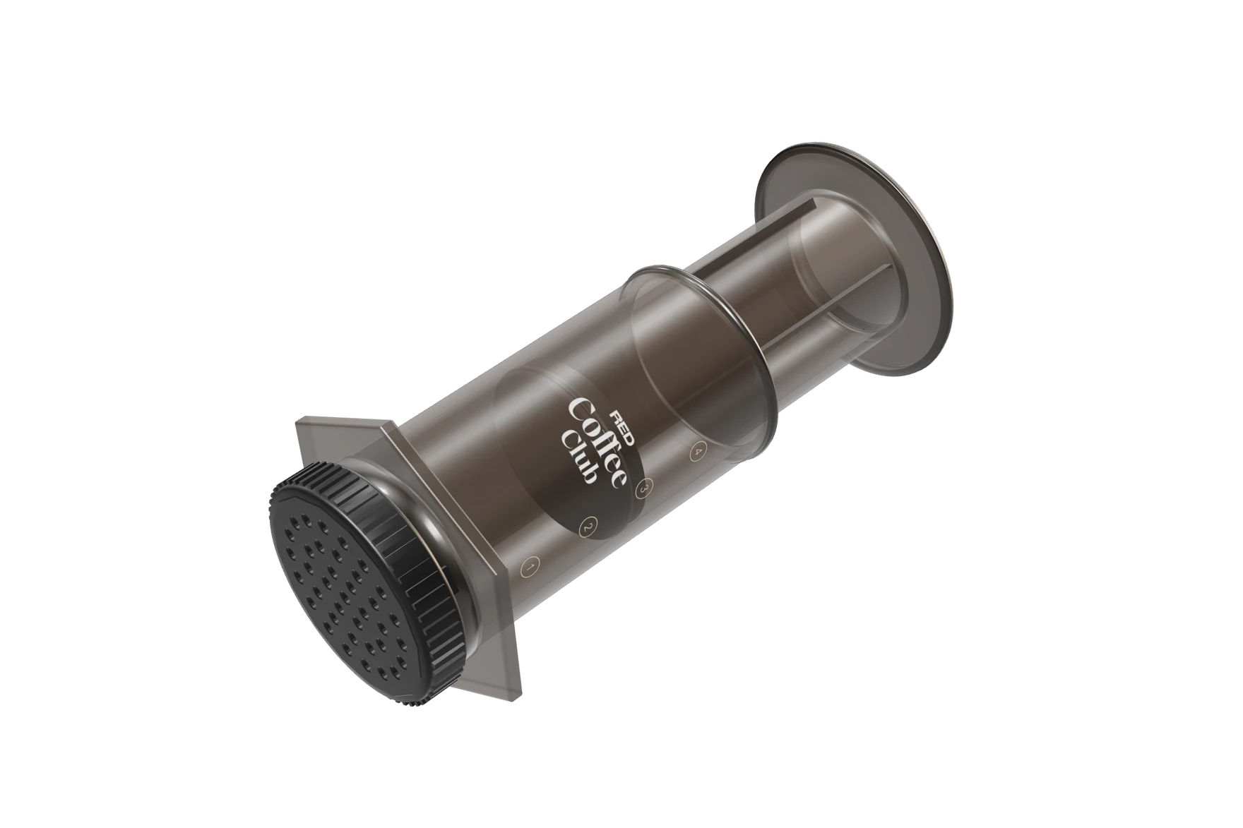 The 3D AeroPress with the RED Coffee Club logo, lying on its side