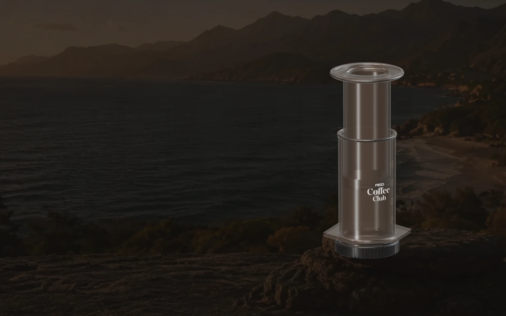 Chapter 1 of the website: a small revolution, the AeroPress assembled over the coast