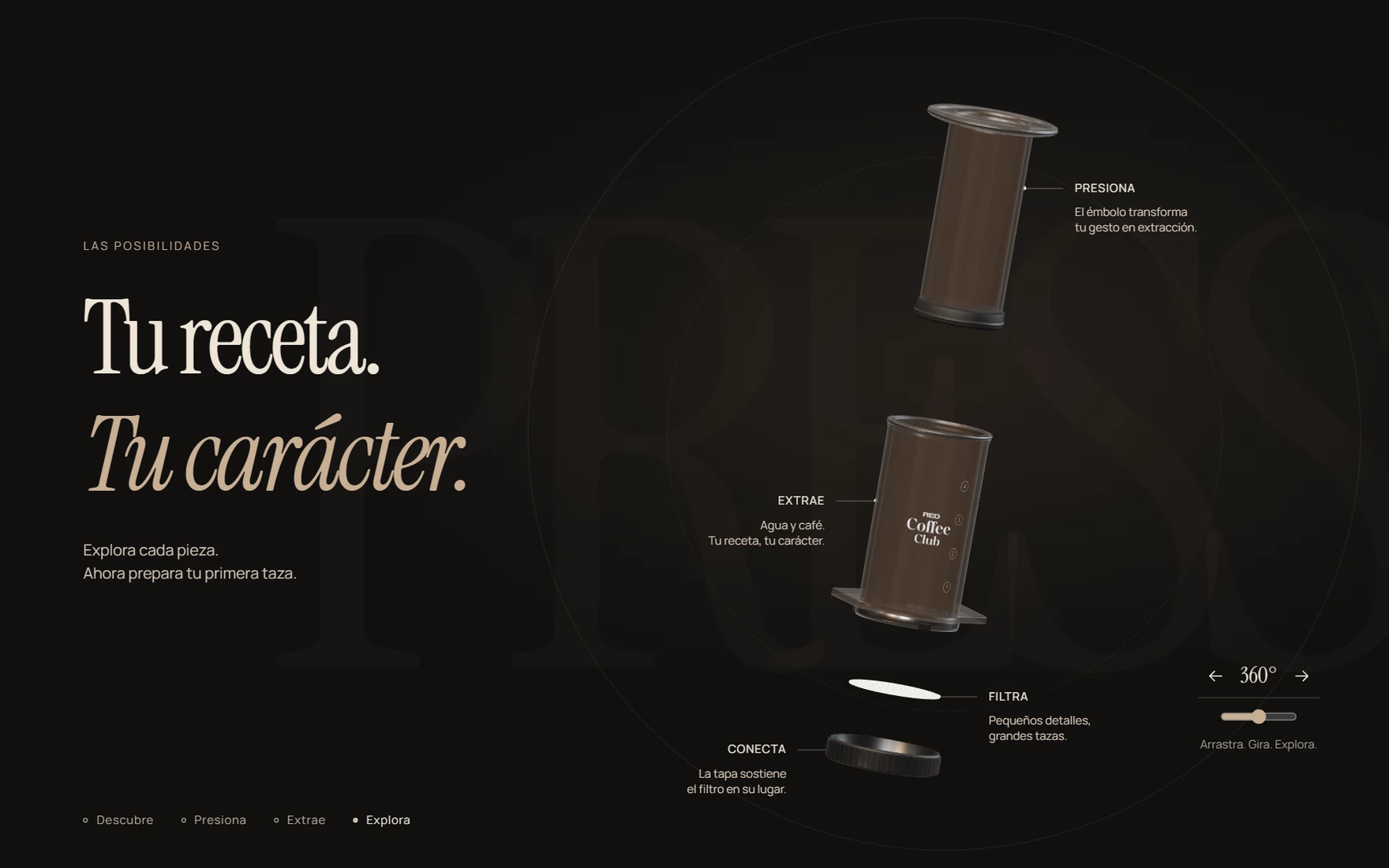 Chapter 4 of the website: your recipe, your character, the AeroPress taken apart with its labels